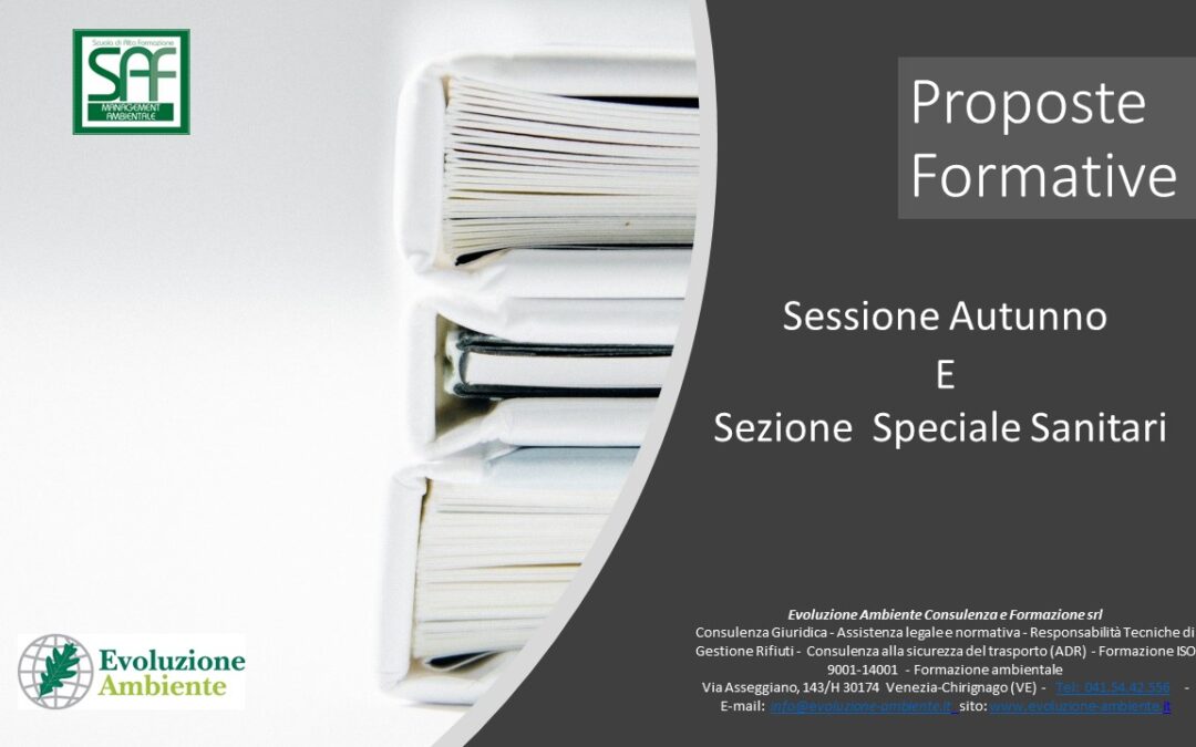 Calendario Corsi di Formazione Ottobre, Novembre e Speciale Rifiuti Sanitari 2022